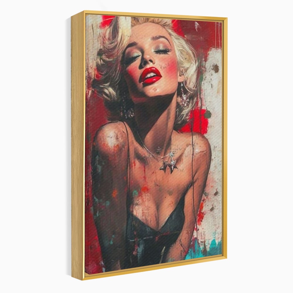 Tablou canvas cu tablou canvas cu portret pop art blonda buze rosii, in rama de aluminiu auriu